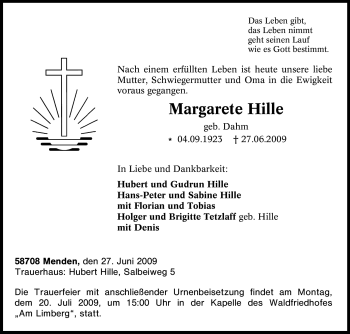 Todesanzeige von Margarete Hille von WESTFÄLISCHER ANZEIGER