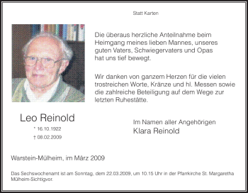 Todesanzeige von Leo Reinold von WESTFÄLISCHER ANZEIGER
