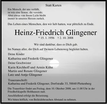 Todesanzeige von Heinz-Friedrich Glingener von WESTFÄLISCHER ANZEIGER