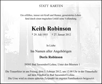 Todesanzeige von Keith Robinson von WESTFÄLISCHER ANZEIGER
