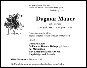 Todesanzeige von Dagmar Mauer von WESTFÄLISCHER ANZEIGER