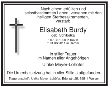 Todesanzeige von Elisabeth Burdy von WESTFÄLISCHER ANZEIGER