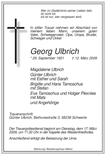 Todesanzeige von Georg Ulbrich von WESTFÄLISCHER ANZEIGER