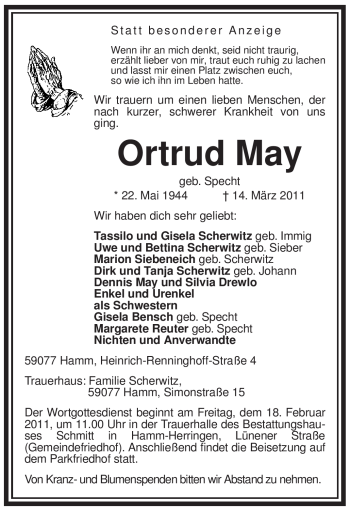 Todesanzeige von Ortrud May von WESTFÄLISCHER ANZEIGER