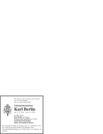 Todesanzeige von Karl Berlin von WESTFÄLISCHER ANZEIGER