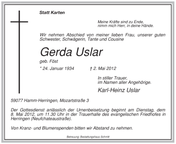 Todesanzeige von Gerda Uslar von WESTFÄLISCHER ANZEIGER