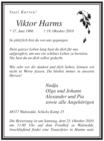 Todesanzeige von Viktor Harms von WESTFÄLISCHER ANZEIGER