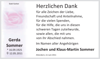 Todesanzeige von Gerda Sommer von WESTFÄLISCHER ANZEIGER