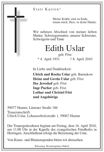 Todesanzeige von Edith Uslar von WESTFÄLISCHER ANZEIGER