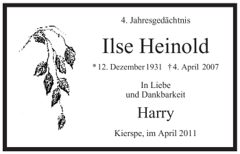 Todesanzeige von Ilse Heinold von WESTFÄLISCHER ANZEIGER