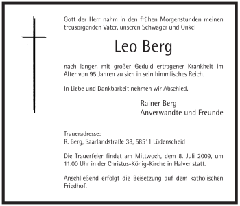 Todesanzeige von Leo Berg von WESTFÄLISCHER ANZEIGER