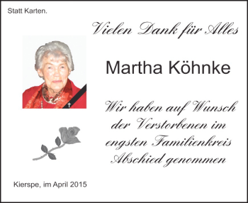 Todesanzeige von Martha Köhnke von MZV