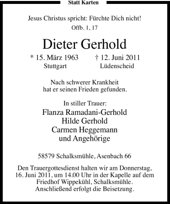 Todesanzeige von Dieter Gerhold von WESTFÄLISCHER ANZEIGER