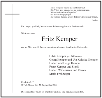 Todesanzeige von Fritz Kemper von WESTFÄLISCHER ANZEIGER