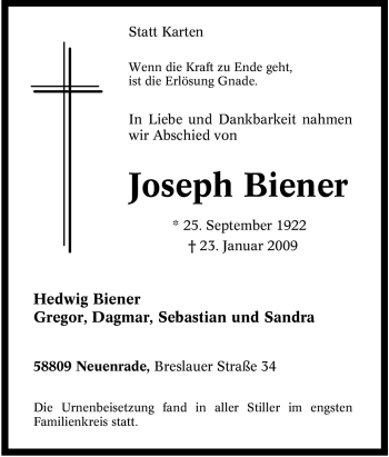 Todesanzeige von Joseph Biener von WESTFÄLISCHER ANZEIGER