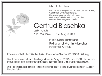 Todesanzeige von Gertrud Blaschka von WESTFÄLISCHER ANZEIGER