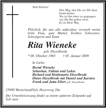 Todesanzeige von Rita Wieneke von WESTFÄLISCHER ANZEIGER