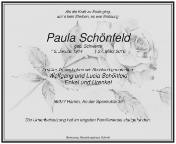 Todesanzeige von Paula Schönfeld von WESTFÄLISCHER ANZEIGER
