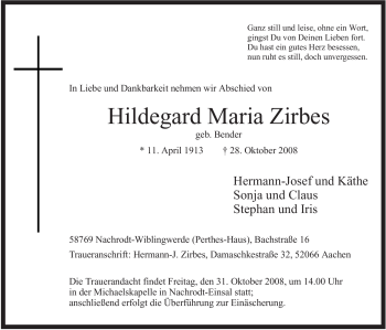 Todesanzeige von Hildegard Maria Zirbes von WESTFÄLISCHER ANZEIGER