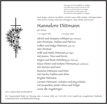 Todesanzeige von Hannelore Dittmann von WESTFÄLISCHER ANZEIGER