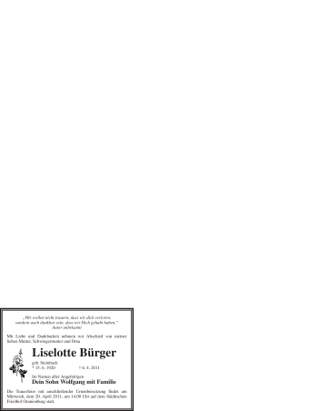 Todesanzeige von Liselotte Bürger von WESTFÄLISCHER ANZEIGER