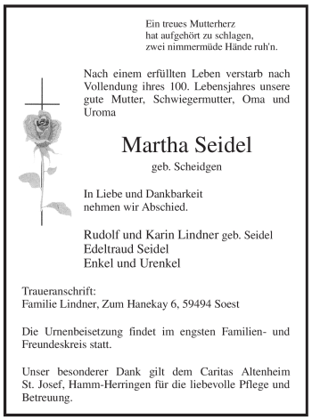 Todesanzeige von Martha Seidel von WESTFÄLISCHER ANZEIGER