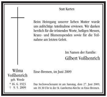 Todesanzeige von Wilma Voßhenrich von WESTFÄLISCHER ANZEIGER