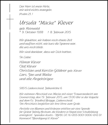 Todesanzeige von Ursula Klever von MZV
