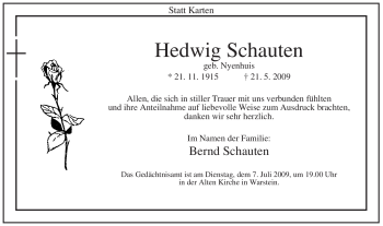 Todesanzeige von Hedwig Schauten von WESTFÄLISCHER ANZEIGER