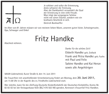 Todesanzeige von Fritz Handke von WESTFÄLISCHER ANZEIGER