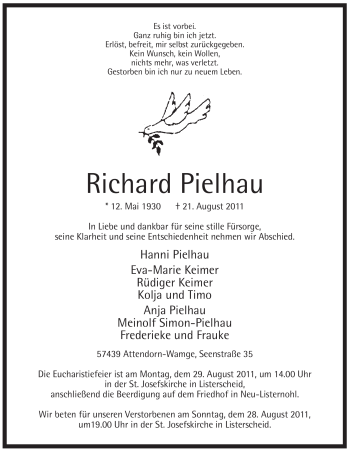 Todesanzeige von Richard Pielhau von WESTFÄLISCHER ANZEIGER