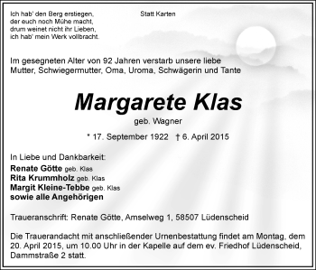 Todesanzeige von Margarete Klas von MZV
