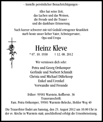 Todesanzeige von Heinz Kleve von WESTFÄLISCHER ANZEIGER