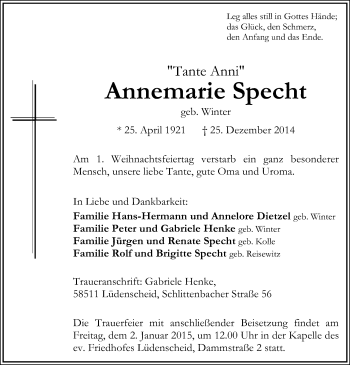 Todesanzeige von Annemarie Specht von MZV