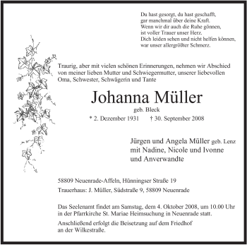 Todesanzeige von Johanna Müller von WESTFÄLISCHER ANZEIGER