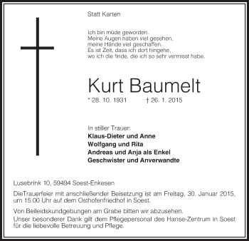 Todesanzeige von Kurt Baumelt von MZV