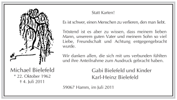 Todesanzeige von Michael Bielefeld von WESTFÄLISCHER ANZEIGER