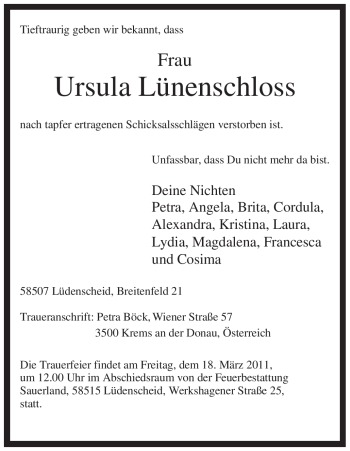 Todesanzeige von Ursula Lünenschloss von WESTFÄLISCHER ANZEIGER