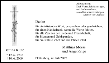 Todesanzeige von Bettina Klute von WESTFÄLISCHER ANZEIGER