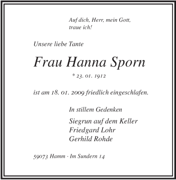 Todesanzeige von Hanna Sporn von WESTFÄLISCHER ANZEIGER