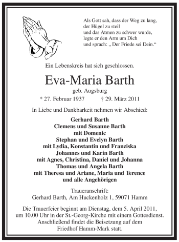 Todesanzeige von Eva-Maria Barth von WESTFÄLISCHER ANZEIGER