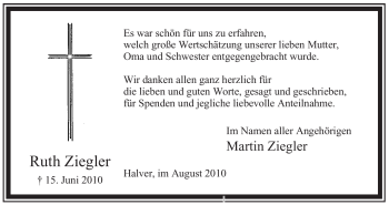 Todesanzeige von Ruth Ziegler von WESTFÄLISCHER ANZEIGER