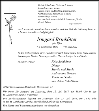 Todesanzeige von Irmgard Brinkötter von WESTFÄLISCHER ANZEIGER