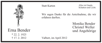 Todesanzeige von Erna Bender von WESTFÄLISCHER ANZEIGER