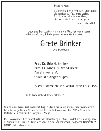 Todesanzeige von Grete Brinker von WESTFÄLISCHER ANZEIGER