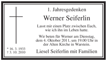 Todesanzeige von Werner Seiferlin von WESTFÄLISCHER ANZEIGER