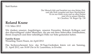 Todesanzeige von Roland Krane von WESTFÄLISCHER ANZEIGER