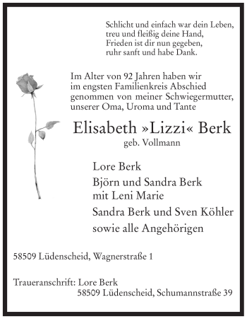 Todesanzeige von Elisabeth Berk von WESTFÄLISCHER ANZEIGER