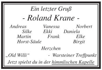 Todesanzeige von Roland Krane von WESTFÄLISCHER ANZEIGER