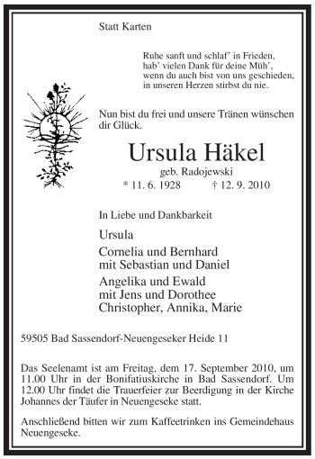 Todesanzeige von Ursula Häkel von WESTFÄLISCHER ANZEIGER